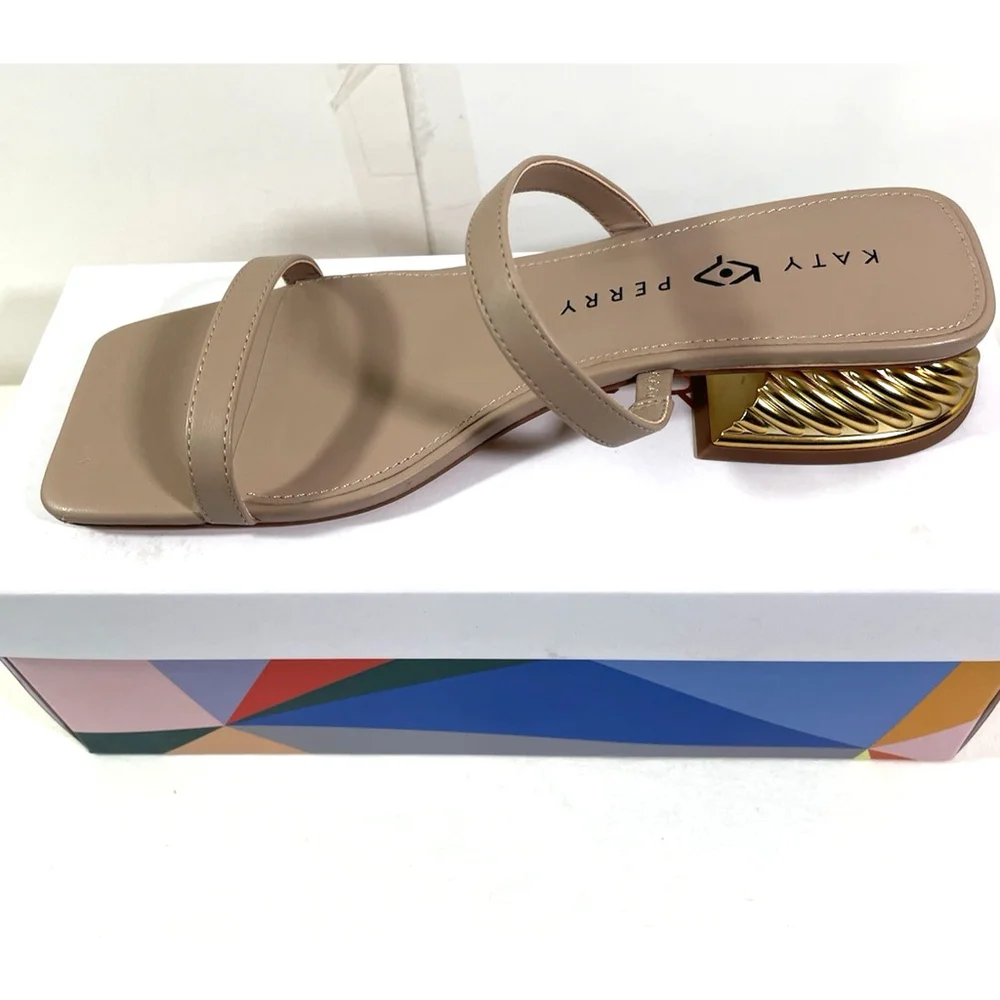 NIB Katy Perry Framing Taupe Slip On Sandal Square Toe Low Gold Heel Size 8.5M - Picture 3 of 6